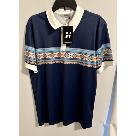 Hawalili Men’s Blue Southwest Pattern Polo Shirt Sz Medium NWT - Picture 1 of 10